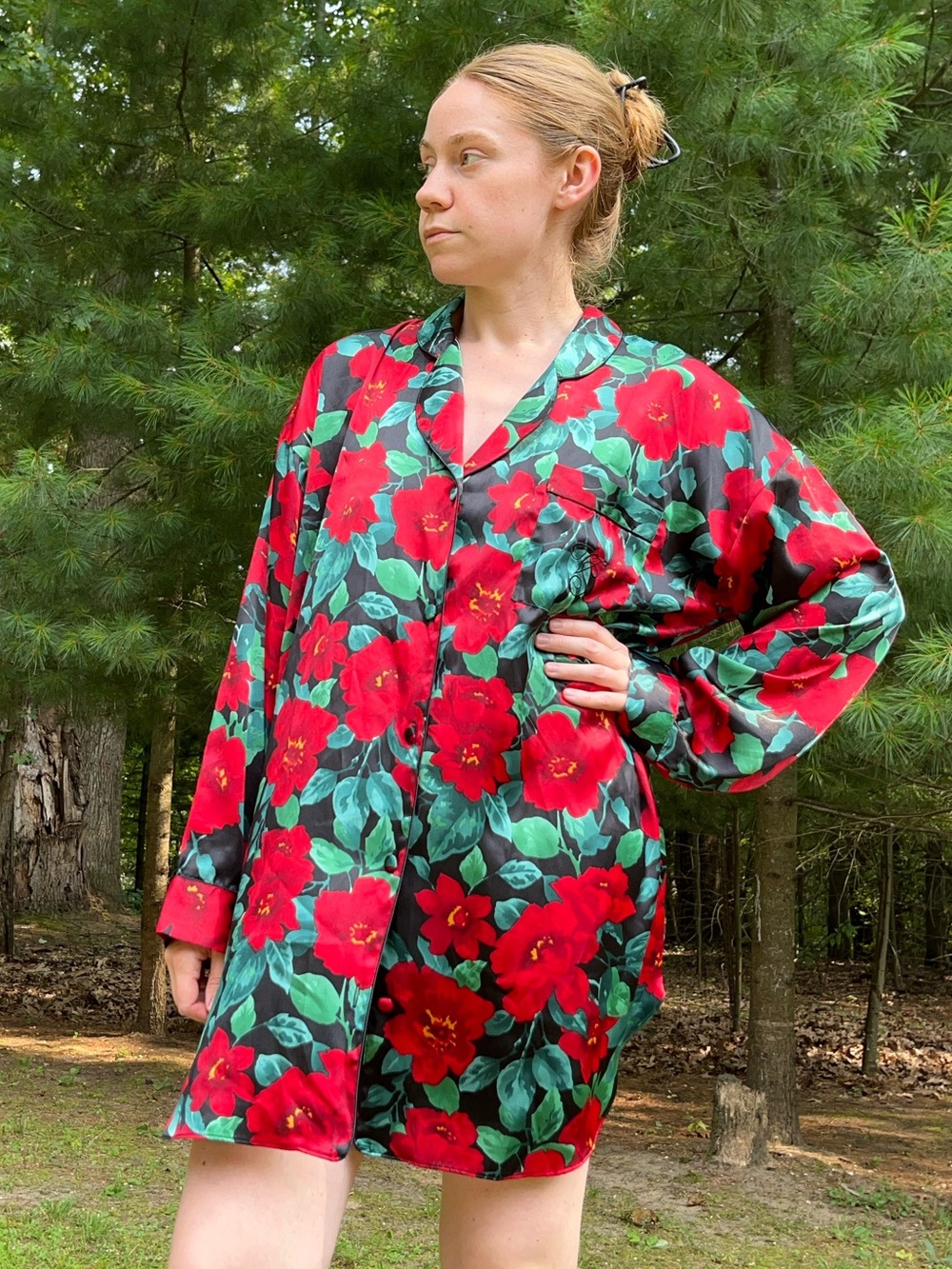 90s Victoria’s Secret Gold Tag Satin Floral Button-Up Pajama Shirt Glam Retro - Picture 6 of 15